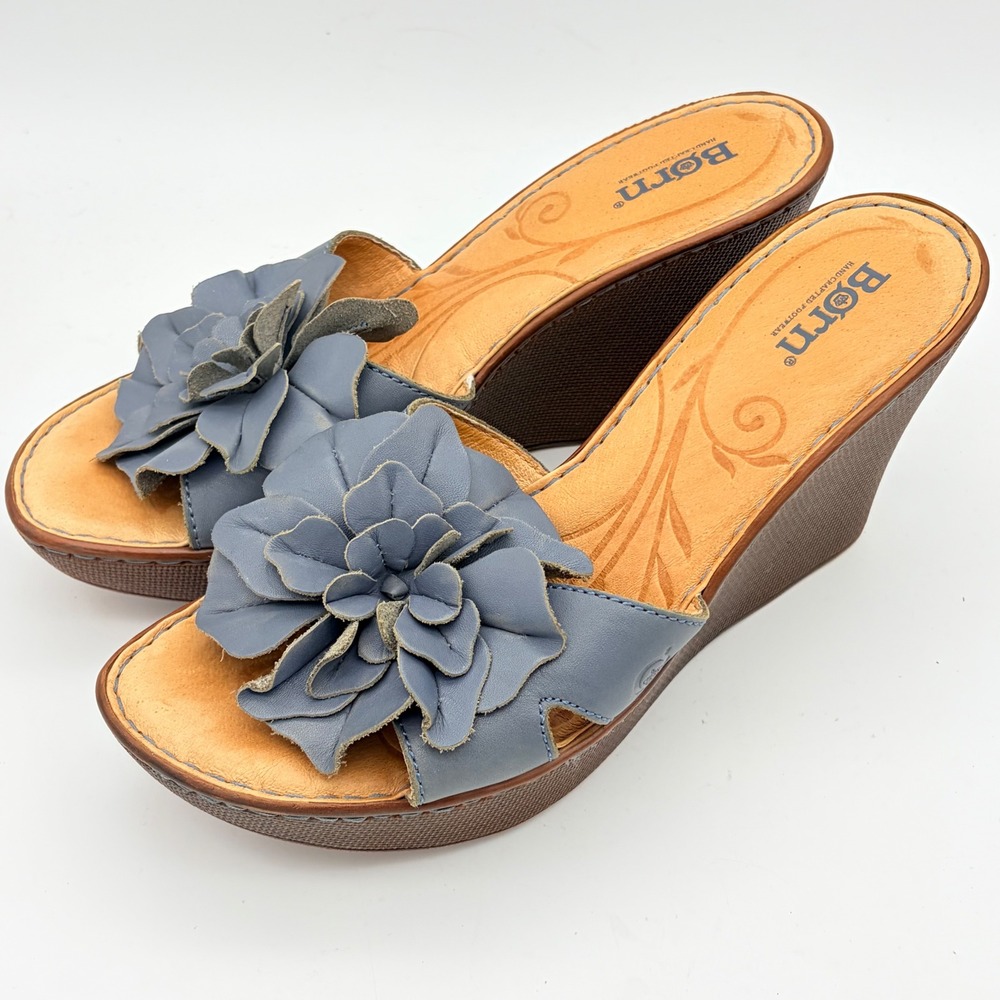 Born Blue Leather Flower Wedge Sandals Womens 9 Platform Slide Shoes Boho Cozy